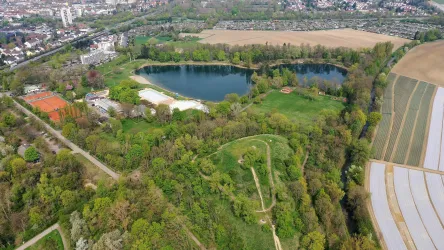 Eine grüne Landschaft mit einem See und viel Vegetation. Im Hintergrund sind Felder und städtische Gebäude zu sehen.