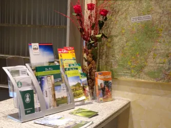 Ein Empfangstresen mit Informationsbroschüren und einem Stadtplan. Darüber hinaus stehen dekorative Rosen in einer Vase.