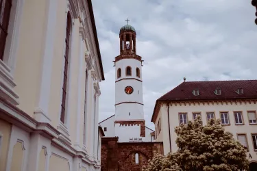 Ein historischer Kirchturm mit einer Uhr und einer Kuppel. Im Vordergrund sind alte Gebäude und eine kleine Baumgruppe zu sehen.