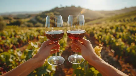 Zwei Gläser Rotwein werden in einem Weinberg angestoßen. Im Hintergrund sind sanfte Hügel und die untergehende Sonne zu sehen.