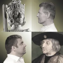 Das Bild zeigt vier Porträts in verschiedenen Stilen: eine Statue eines Königs, ein modernes Profil eines Mannes, ein weiterer männlicher Kopf und ein historisches Gemälde. Die unterschiedlichen Darstellungen zeigen verschiedene Epochen und Stile der Kunst.