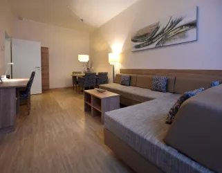 Ein modernes Wohnzimmer mit einem gemütlichen Sofa und Holzfußboden. Ein Essbereich mit Stühlen und einem Tisch ist im Hintergrund sichtbar.