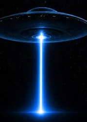 Ein UFO schwebt im Weltraum und sendet einen blauen Lichtstrahl aus. Der Hintergrund ist dunkel und sternenklar.
