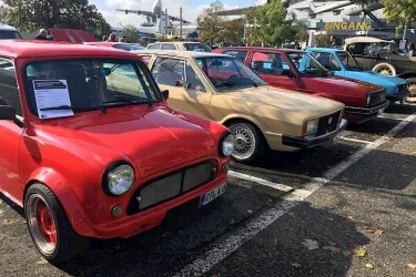 Eine Reihe von klassischen Autos steht auf einem Parkplatz. Die Farben reichen von Rot über Beige bis Blau.