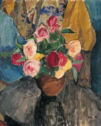 Ein farbenfrohes Stillleben mit einem Topf voller Rosen in verschiedenen Farben. Der Hintergrund zeigt eine elegante Textur in sanften Farbtönen.