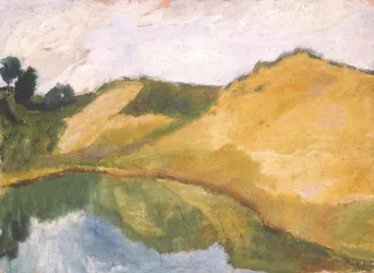 Eine sanfte Landschaft mit Hügeln und einem ruhigen Gewässer. Die Farben sind warm und überwiegend goldgelb.
