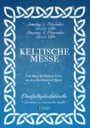 Ein blauer Hintergrund mit einem dekorativen Muster aus Knoten. Ankündigung einer keltischen Messe mit Terminen und Informationen zu einer Folk-Band.