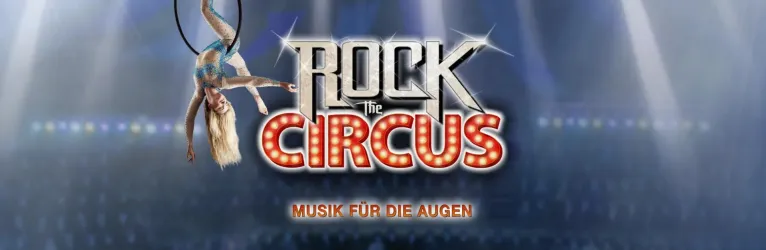 Ein kreatives Plakat für die Show "Rock the Circus". Es zeigt eine Akrobatin, die an einem Hula-Hoop-Ring schwingt, umgeben von Lichtern und einer Bühne.
