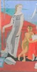 Eine stilisierte Darstellung einer Frau in einem grauen Kleid steht im Vordergrund. Im Hintergrund sind weitere Figuren und farbige Details zu sehen.