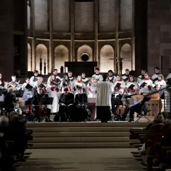 Eine beeindruckende Orgel mit vielen metallischen Pfeifen ist im Vordergrund zu sehen. Im Hintergrund erstreckt sich der große Raum einer Kirche.