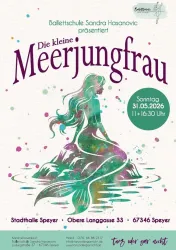 Ein farbenfrohes Plakat für das Ballett "Die kleine Meerjungfrau". Es zeigt eine Meerjungfrau, die in einem Wasserbecken sitzt, umgeben von sanften Wellen und bunten Akzenten.