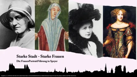 Das Bild zeigt Porträts von verschiedenen Frauen aus der Geschichte. Es ist Teil einer Veranstaltung über starke Frauen in Speyer.