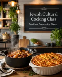 Ein gemütlicher Kochraum mit einem schwarzen Topf dampfendem Eintopf und einem Auflauf in einer weißen Auflaufform. Im Hintergrund steht ein Schild mit der Aufschrift „Jewish Cultural Cooking Class“.