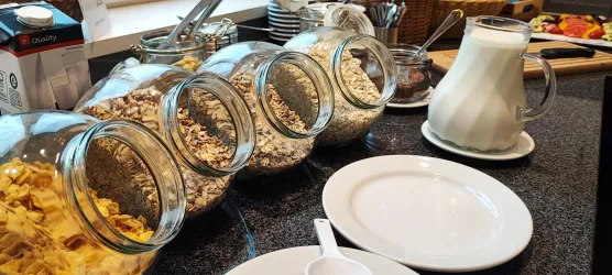 Starten Sie genussvoll in den Tag mit unserem reichhaltigen Frühstücksbuffet. Wir servieren saisonales Obst, hausgemachte Marmeladen und Honig einer Speyerer Imkerei für einen frischen Start in den Tag.
