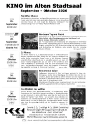 Ein Veranstaltungsplakat für das Kino im Alten Stadtsaal. Es listet Filme und Termine für September und Oktober 2026 auf.