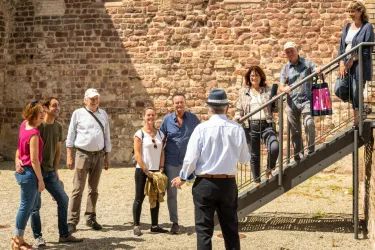 Eine Gruppe von Menschen hört einem Führer zu, der vor einer alten Mauer steht. Einige Teilnehmer stehen auf einer Treppe, während andere im Vordergrund stehen und aufmerksam zuhören.