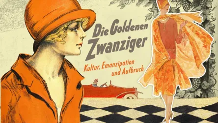 Das Bild zeigt eine stilisierte Darstellung aus den goldenen Zwanzigern mit einer Frau in einem orangefarbenen Hut. Im Hintergrund sind weitere Figuren und grafische Elemente zu sehen, die eine nostalgische Atmosphäre vermitteln.