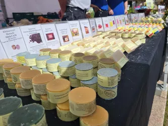 Eine Auswahl an farbigen Seifen in Dosen auf einem Tisch. Im Hintergrund sind Informationskarten über die Produkte sichtbar.