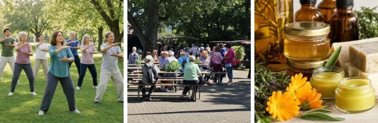 Eine Gruppe von Menschen praktiziert gemeinsam Tai Chi im Park. In der Mitte sind Zuschauer an Tischen und auf der rechten Seite sind ätherische Öle und Pflegeprodukte zu sehen.