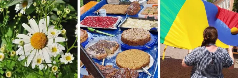 Eine Vielzahl von Blumen, darunter eine Margerite. Verschiedene Kuchen und Leckereien auf einem Tisch und eine Person, die ein großes, buntes Tuch hält.