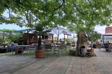 Ein gemütlicher Außenbereich mit Tischen und Stühlen unter einem großen Baum. Einige Gäste entspannen sich und genießen die Atmosphäre.