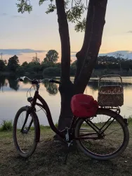 Ein Damenfahrrad lehnt an einem Baum am Ufer eines ruhigen Sees. Im Hintergrund ist ein wunderschöner Sonnenuntergang zu sehen.