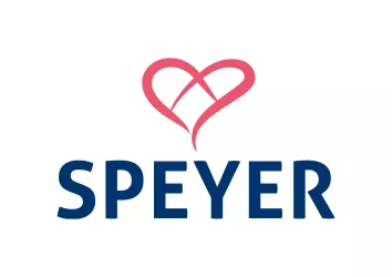Ein rotes Herz geformt wie eine Brezel, darunter der blaue Schriftzug "Speyer"