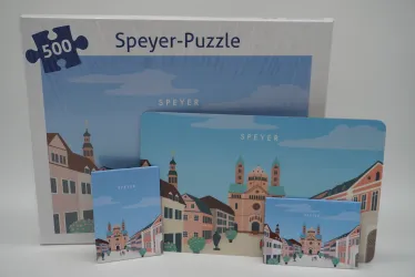 Verschiedene Merchandise Artikel der Stadt Speyer illustriert