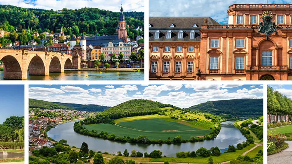 Eine Bildcollage der Region Mannheim, Heidelberg, Schwetzingen und Neckarsteinach