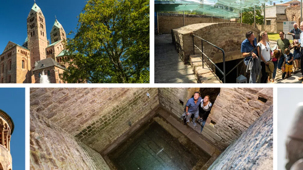 Collage verschiedener Impressionen der Speyerer Welterbestätten