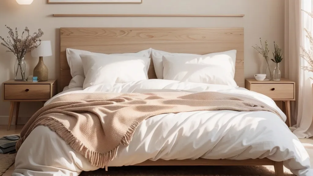 Ein helles Zimmer mit einem Bett und zwei Bildern an der Wand