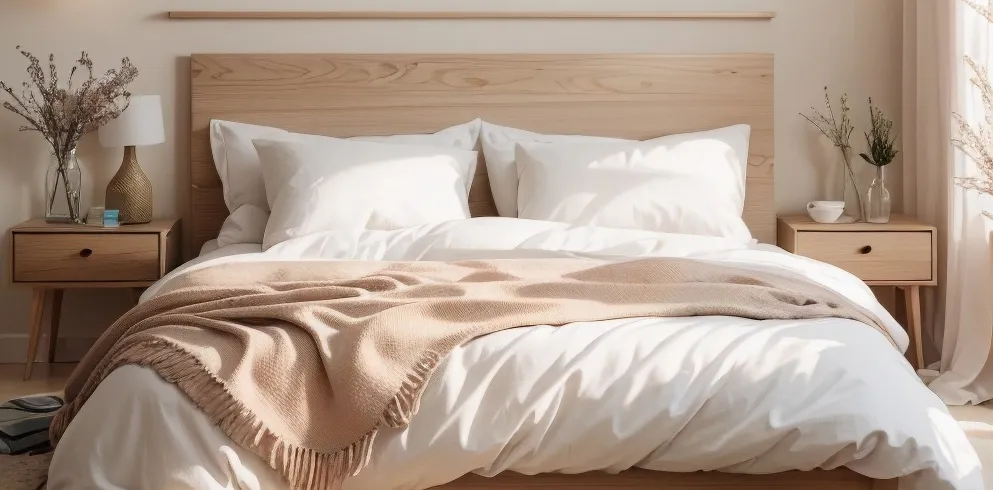 Ein helles Zimmer mit einem Bett und zwei Bildern an der Wand