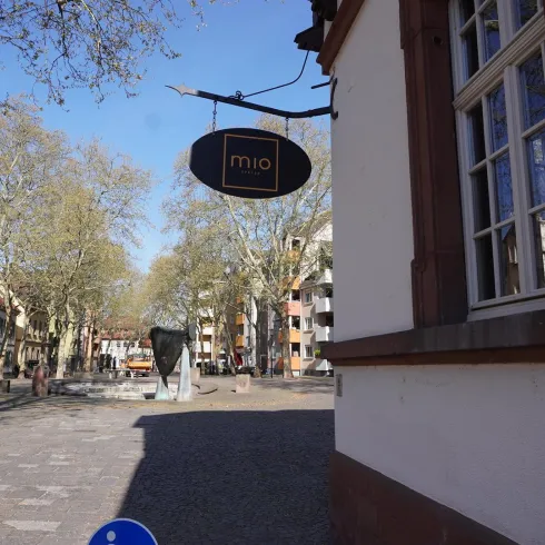 Eine ruhige Straße mit Bäumen und einem Geschäftsschild. Im Hintergrund sind Wohngebäude sichtbar.