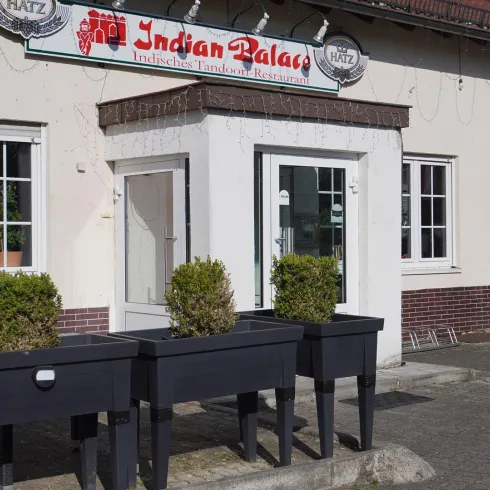 Ein indisches Restaurant namens "Indian Palace" mit einem einladenden Eingang. Vor dem Restaurant stehen schwarze Pflanzkästen mit kleinen Pflanzen.