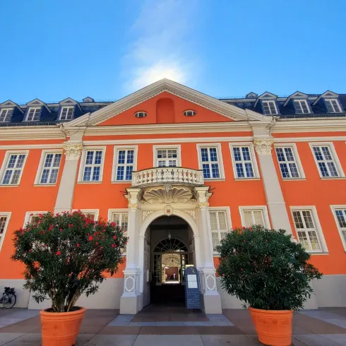 Ein beeindruckendes, orangefarbenes Gebäude mit einem schönen Eingangsbereich. Vor dem Gebäude stehen große Töpfe mit Pflanzen.