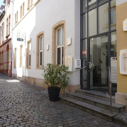 Eine ruhige Straße mit sanft geschwungenen Kopfsteinpflaster und klaren Gebäuden. An einem der Gebäude befindet sich ein moderner Eingang mit Pflanzen.