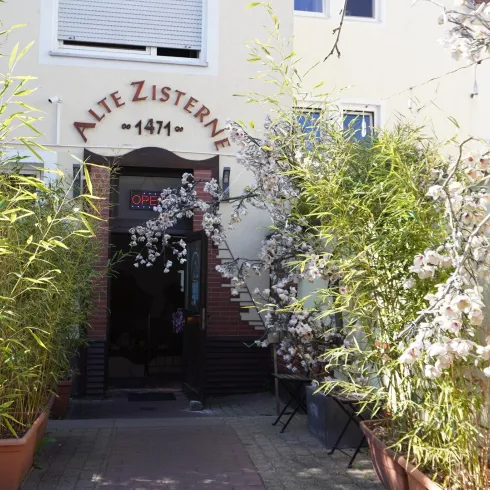 Ein malerischer Eingang zur "Alte Zisterne" mit blühenden Pflanzen und Bambus. Der klarer Himmel bietet eine einladende Atmosphäre.