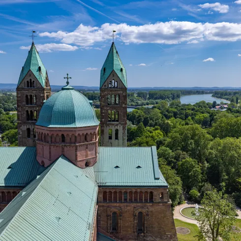 Blick vom Südwestturm des Speyerer Doms auf den Rhein