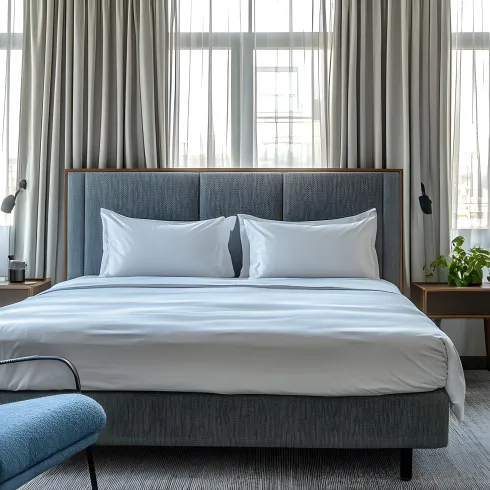 Ein Bett in einem hellen Hotelzimmer